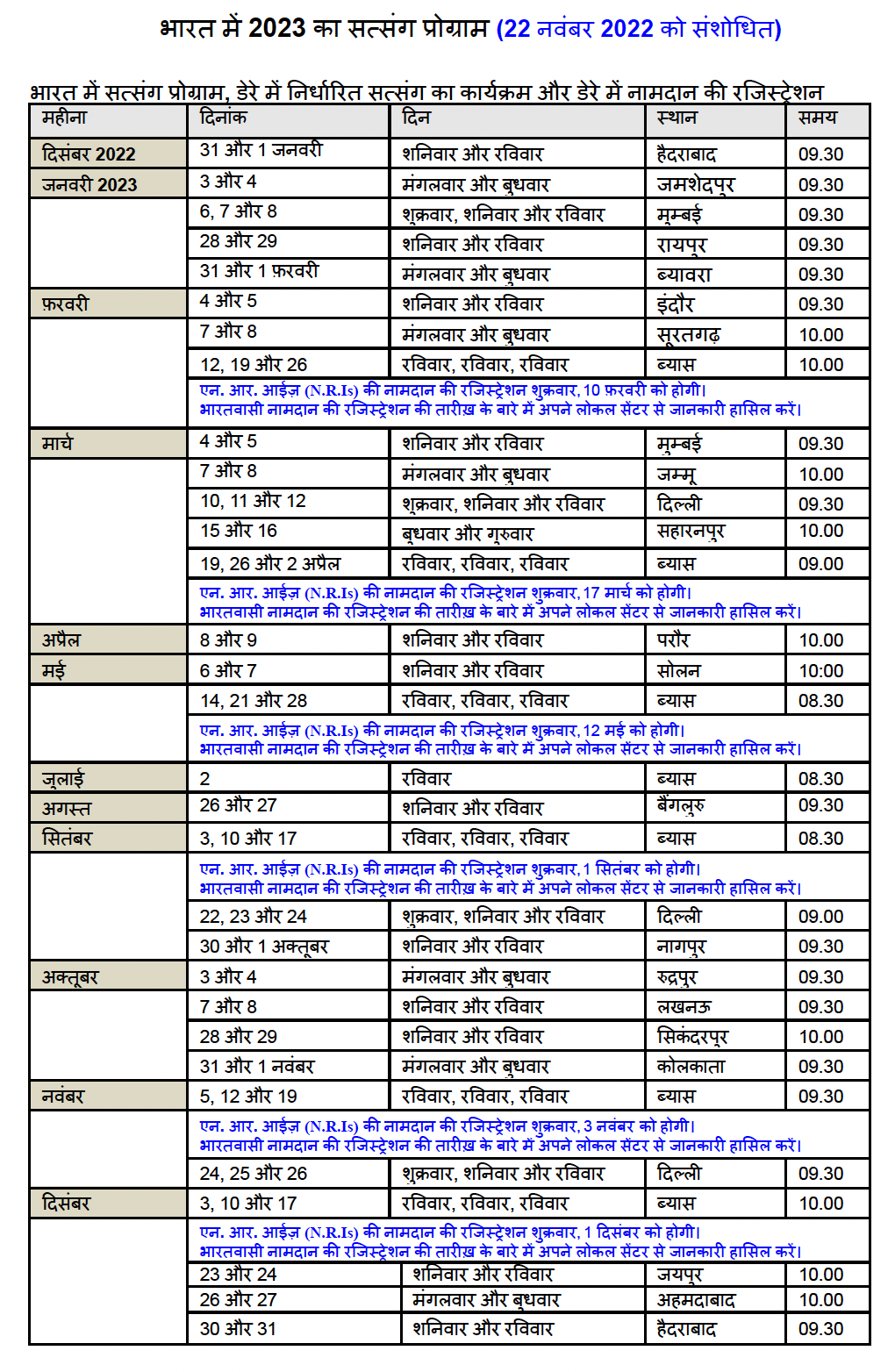  PDF RSSB Satsang Schedule 2023 PDF Panot Book